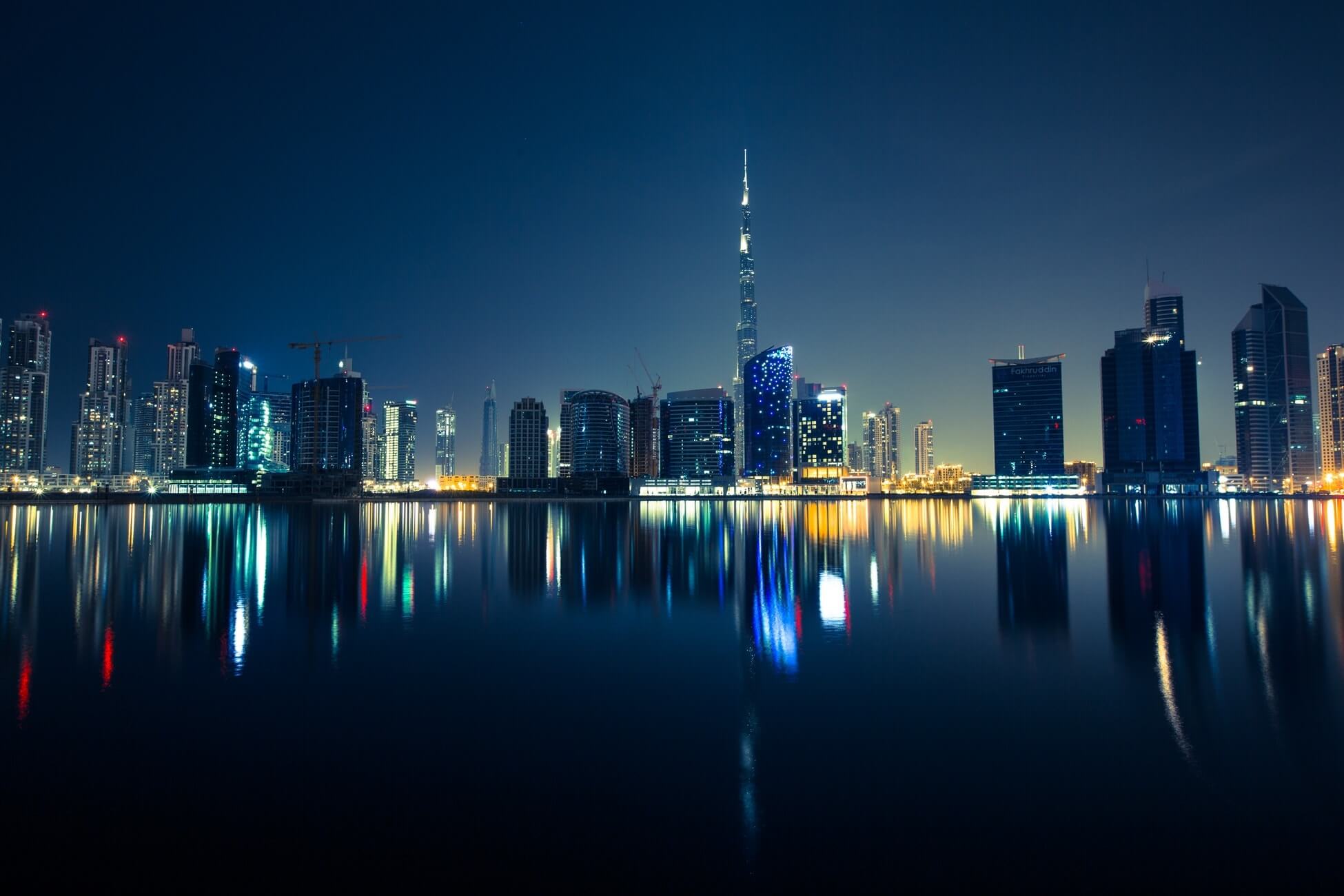 Dubai city at night from the sea