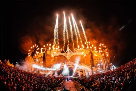 A concert stage with fireworks