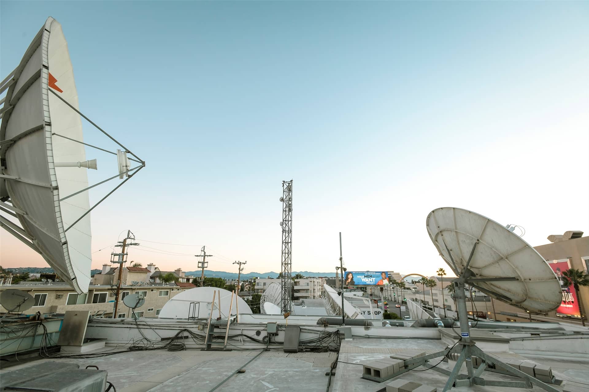 Satellite transmission parabolic antenas on the rooftop of Globecast Americas